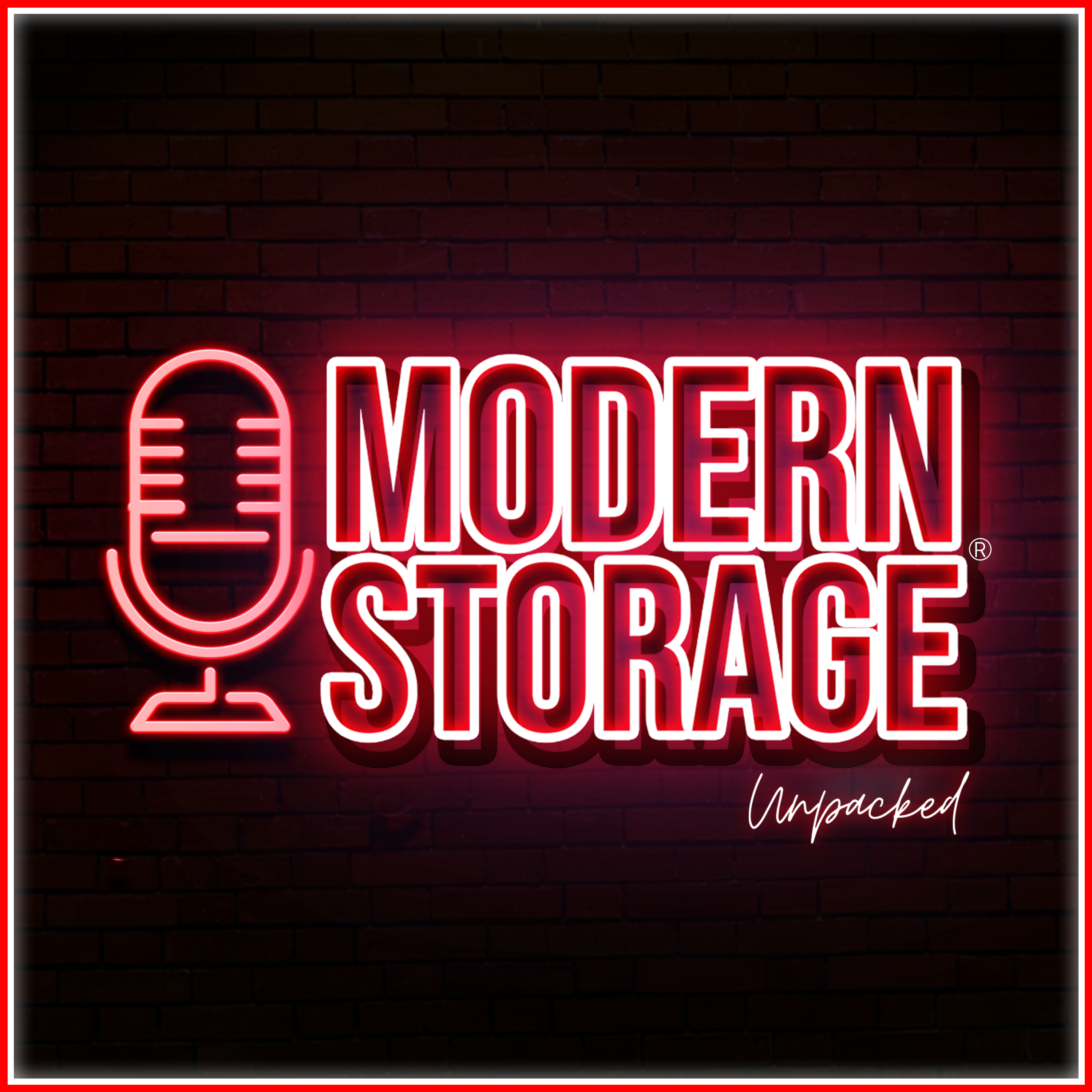 Modern Storage® Unpacked podcast logo in neon red, representing Modern Storage®’s growing YouTube and social media presence.